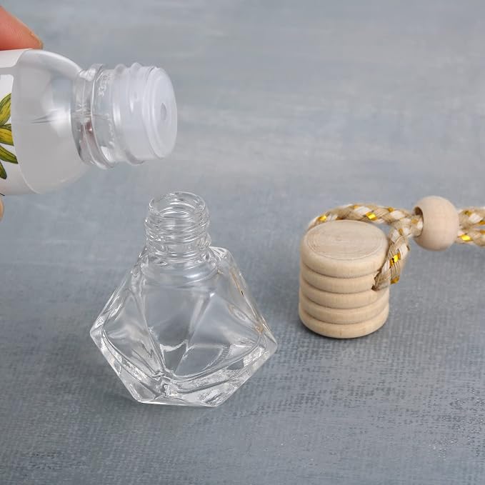 Patelai 12 Pcs 8ml Hanging Car Air Freshener Diffuser Bottle Empty Clear Glass Essential Perfume Oil Aromatherapy Fragrance Perfume Pendant Glass Bottle Decor with Wooden Caps(Stylish Style)