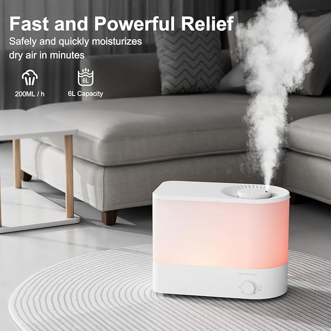 MEGAWISE 6L Ultrasonic Cool Mist Humidifier for Bedroom, Quiet Operation Under 28dB, 28W Energy-Saving Design, Auto Shut-Off for Baby Room, Large Room and Indoor Plants