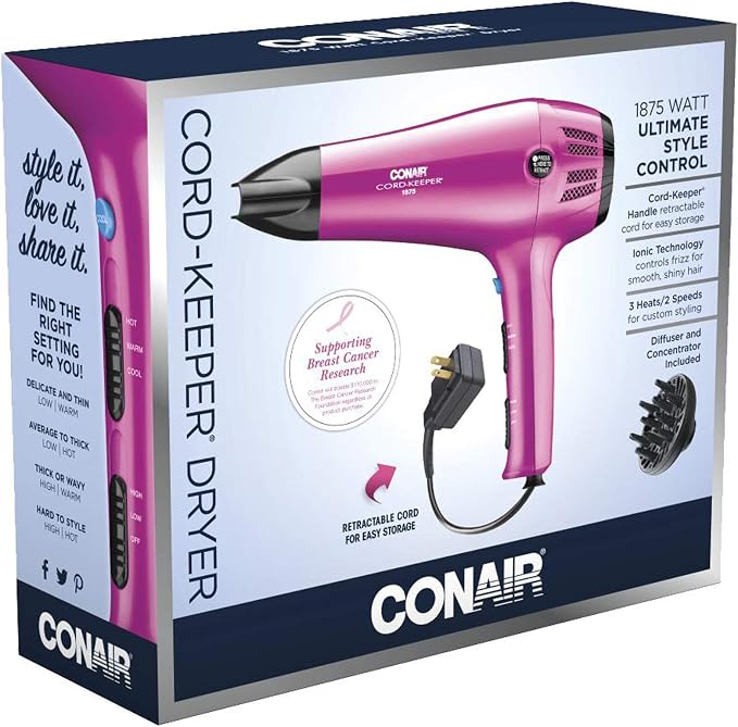 Conair HairDryer with Retractable Cord, 1875W Blow Dryer, 3 Heat Settings, 2 Speeds, BlowDryer with Diffuser and Concentrator Attachments, Ionic + Tourmaline Technology, Pink (Pack of 4)