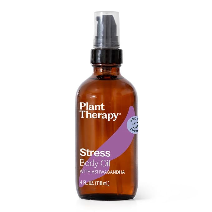 Plant Therapy Stress Body Oil with Ashwagandha 4 oz, Aromatherapy, Stress Relief, Relaxing Massage Oil