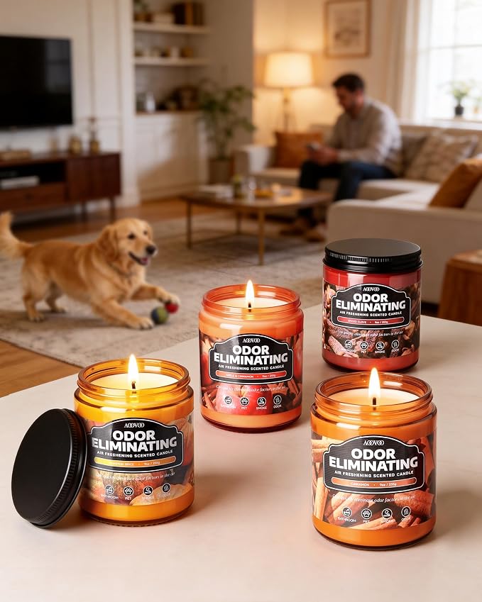 AOOVOO 4 Pack Odor Eliminating Fall Candle Set - Eliminates 95% of Pet, Smoke, Food, and Other Smells Quickly, Air Freshing Soy Candle, Pumpkin Spice/Apple Cinnamon/Spiced Clove/Cinnamon