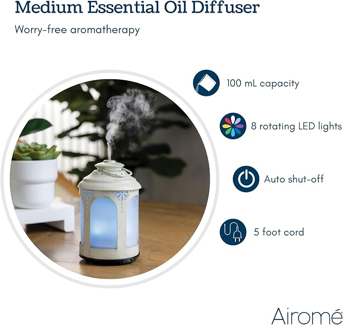 Airome Chelsea Medium Cut-Metal Essential Oil Diffuser|100 mL Humidifying Ultrasonic Aromatherapy Diffuser 8 Colorful LED Lights, Intermittent & Continual Mist, Auto Shut-Off