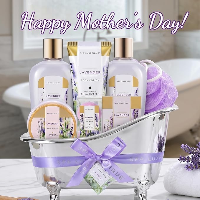 spa luxetique Spa Gift Baskets for Women, 8 Pcs Lavender Lotion Set with Bubble Bath, Shower Gel, Birthday Anniversary Self Care Kit for Her, Mothers Day Gifts for Mom