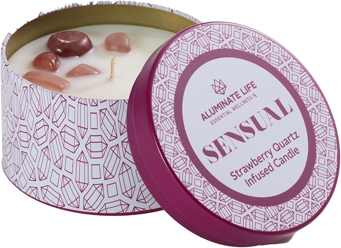 Luxury Candle Tin, 6 OZ, Sensual - Strawberry Quartz Crystal Infused - Scents of Star Anise, Rose, Sichuan Pepper & White Musk - Coconut Wax, Essential Oils, Dr. Developed