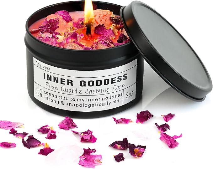 Inner Goddess, Candle Gift with Rose Quartz Crystal Floral Scented, Soy Wax Candle for Self-Care and Feminine Energy.