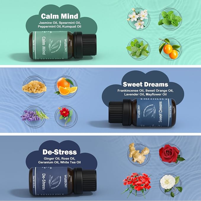 WUSEONY Well-Being Essential Blends Oils Set, Aromatherapy Oils Gift Set for Diffusers Home, Fragrance Oil Scent for Candle Soap Making - Happy, Calm Mind, De-Stress, Relax, Focus, Sweet Dreams
