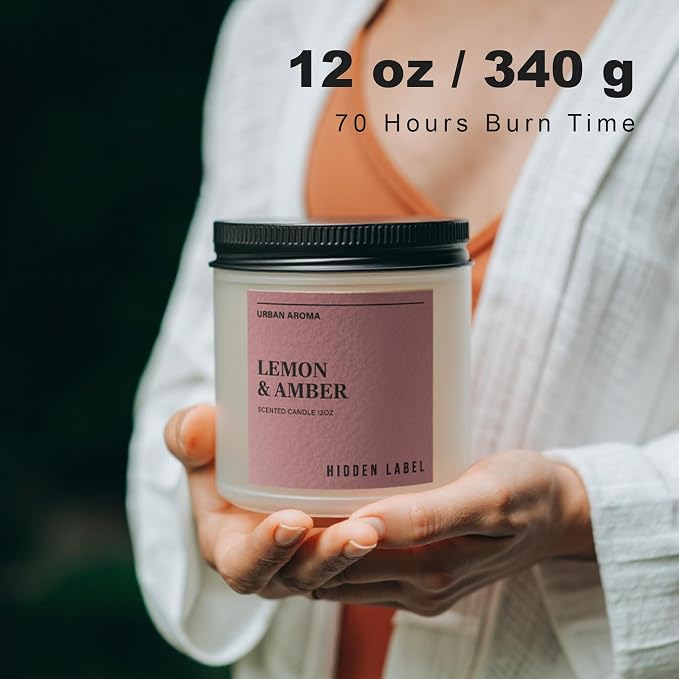 Hidden Label Lemon Amber Soy Candle, 12oz 2-Wick, 70H Bright Warmth | Non-Toxic Natural Wax, Paraben & Phthalate-Free, Clean Burn | Elegant Decor & Gift-Ready | Uplift & Relaxation