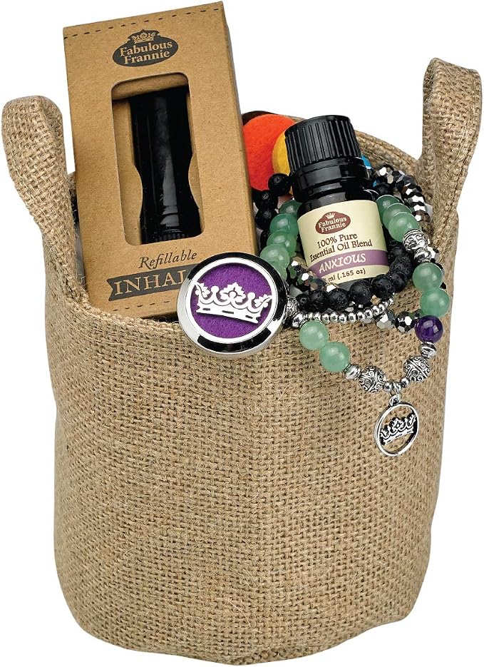 Fabulous Frannie Anxious Essential Oil Jewelry Gift Basket Includes 5ml Pure Essential Oil Blend, Car Clip Diffuser, Inhaler, and Multi-Stack Lava Ball Bracelet.