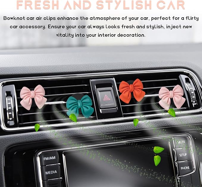 KVAEY 9 PCS Pink Bow Car Air Freshener, Automotive Cute Pink Bow Air Outlet Clips with Scent Pieces, Universal Coquette Car Air Vent Diffuser for Women and Girls (Orange+Pink+Dark Blue)