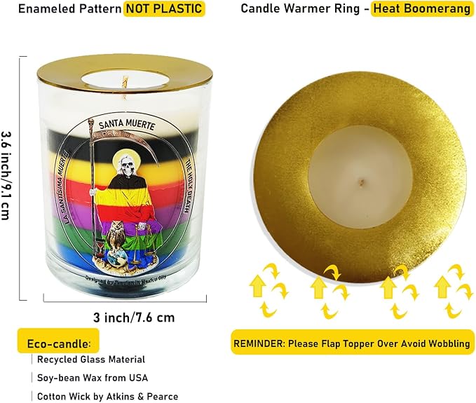 Santa Muerte 7 Color Candle 50 Hours│Natural Soy Wax│Prosperity, Healing, Protection, Abundance, Spiritual Awakening, Love, Wealth, Success, Positive Energy │Design in Mexico City│3“×3.6”