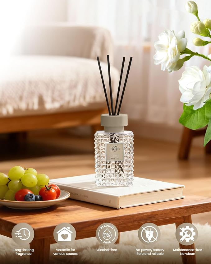 Reed Diffuser Set, White Jasmine Scented Home Fragrance Air Freshener for Bathroom Shelf Decor, 5.07 fl oz/150ml Essential Oil with Sticks