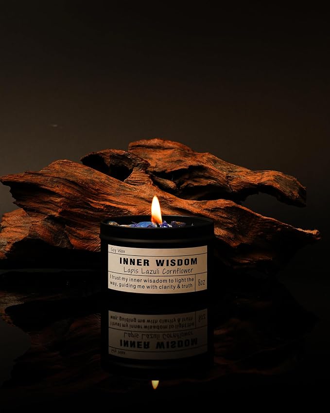 Inner Wisdom Candle – Lapis Lazuli Intuition Ritual | Third Eye Chakra | Clarity | Self-Trust | Spiritual Gift | Vegan Soy Crystal Candle (8 oz).