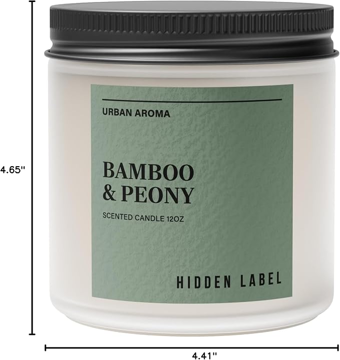 Hidden Label Bamboo & Peony Soy Candle, 12oz 2-Wick, 70H Burn | Japandi Décor Frosted Glass, Clean Aromatherapy for Focus & Calm, Stress Relief, Gift-Ready with FSC Packaging