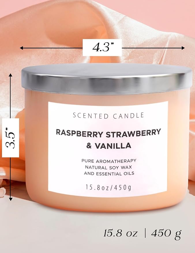 Raspberry Strawberry Vanilla 3-Wick Scented Soy Candle 15.8 oz | Large Sweet Berry Vanilla Scented Candle for Home | Relaxing Aromatherapy Candle | Strong Throw & Long Lasting