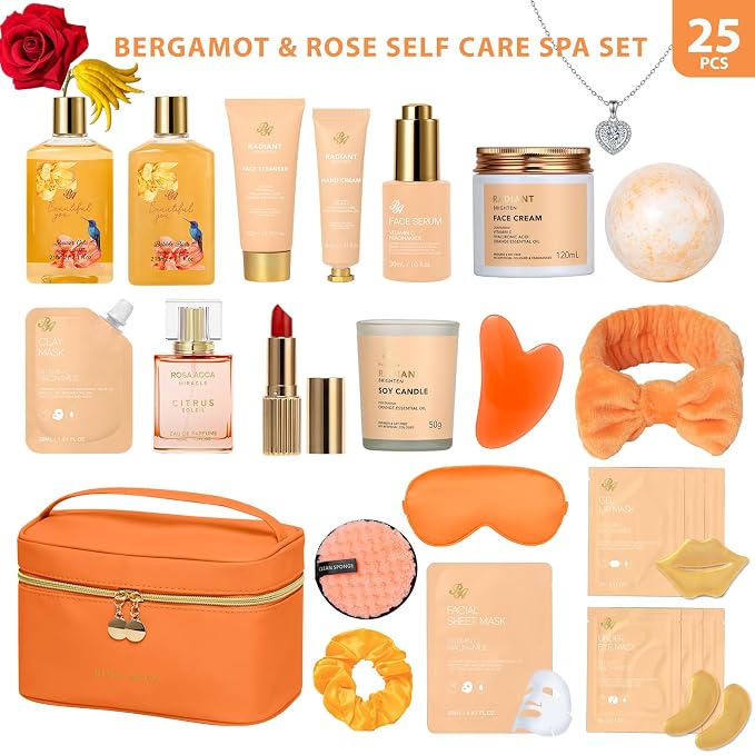 25 Pcs Mother's Day Gift, Bergamot & Rose Bath & Body Gift Set for Women, Hydrating Skin Care Kit, Pamper Self Care Gifts, Leather Bag, Necklace, Christmas, Birthday, Anniversary, Mom
