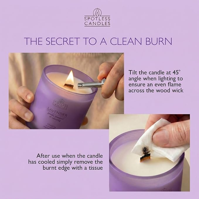Lavender Candle; 9.7 oz:, 55 Hrs Burn Time, Soy Wax Purple Frosted Jar with Crackling Wooden Wick & Luxury Gift Box: Lavender Scented Candle by Spotless Candles