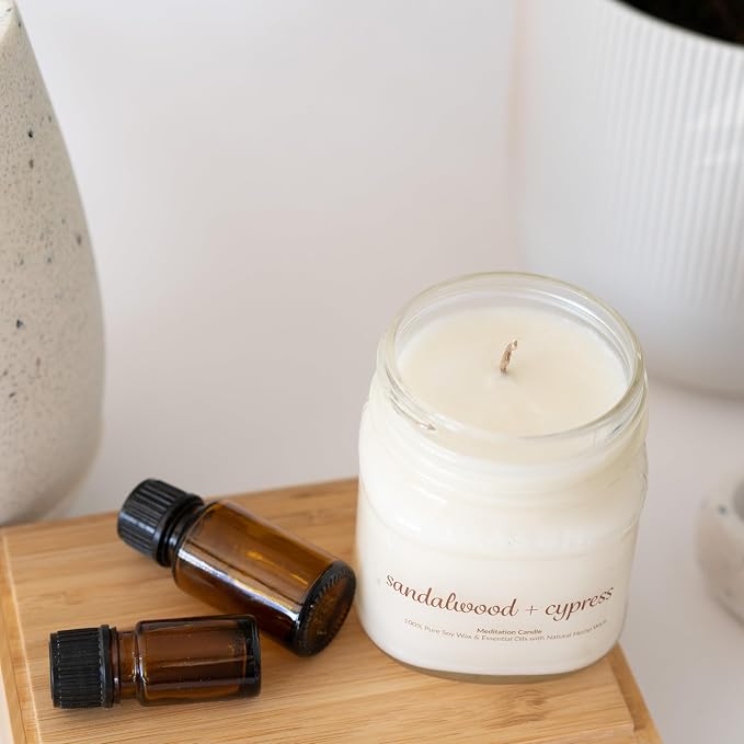 Meditation Soy Wax Candle, Relaxing and Banishing Negative Energy, Non-Toxic Handpoured Glass Jar Candle - Clean Burning, Long Lasting, Candles for Home, Fragrance (Sandalwood + Cypress)
