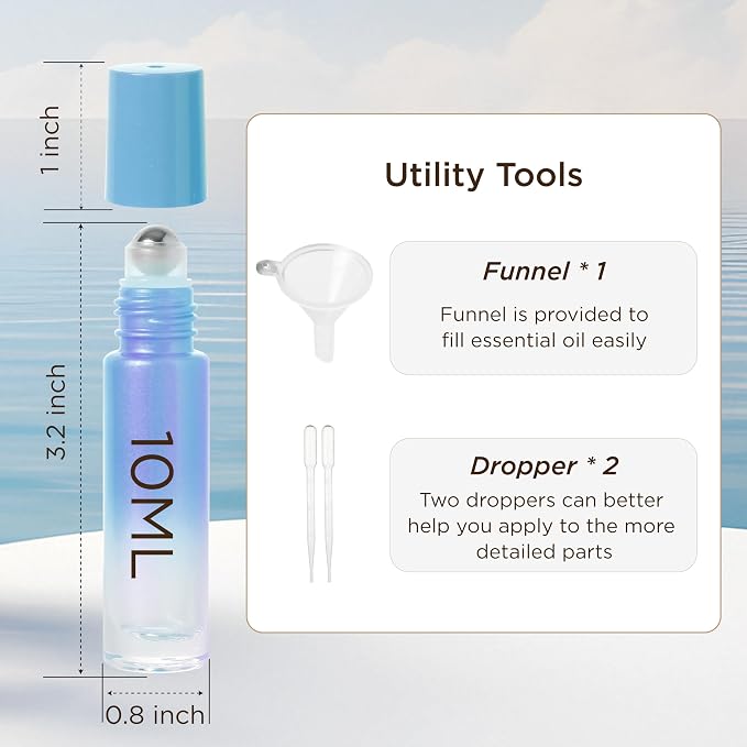 SESENSE Essential Oil Roller Bottles, 10ml Thick Glass Perfume Roller Bottles with Funnel Opener and Dropper Colored Glass Empty Bottles with Stainless Steel Roller Balls (Blue, 12 Pack)