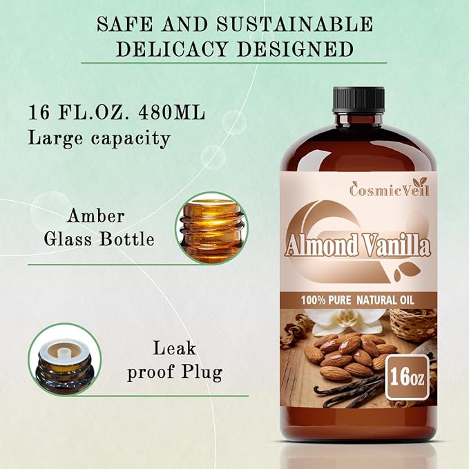 Almond Vanilla Essential Oil Almond Vanilla Oil for Aroma Diffuser,Humidifier,Home Fragrance,Cleaning,Body Care,Massage,Yoga,DIY Candle,DIY Soap CosmicVeil（Almond Vanilla，16 Fl Oz (Pack of 1)）