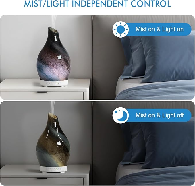Aromatherapy Essential Oil Diffuser for Home- 150ml Art Glass Diffuser for Essential Oils with Waterless Auto Shut-Off 4 Timer 7 Colors LED Night Light for Home Office Decor Gifts for Women