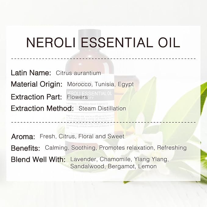 Neroli Essential Oil 100ML, 100% Pure Neroli Oil Aromatherapy Oil for Diffuser, Skin Care, Hair Care, Massage, Yoga, Home, Soap and Candle Making