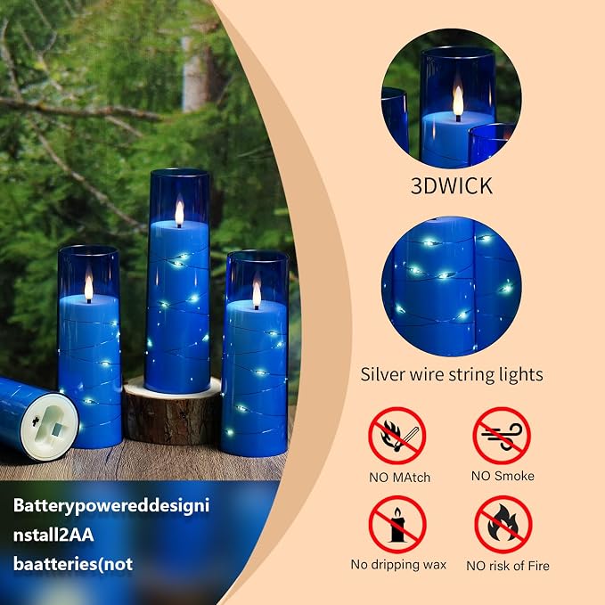 Eebuss Flameless Candles with Embedded Star String, Battery Operated LED Pillar Candles with Timer and Remote Control,Home Decorating for Ambiance， Set of 7 (Blue)