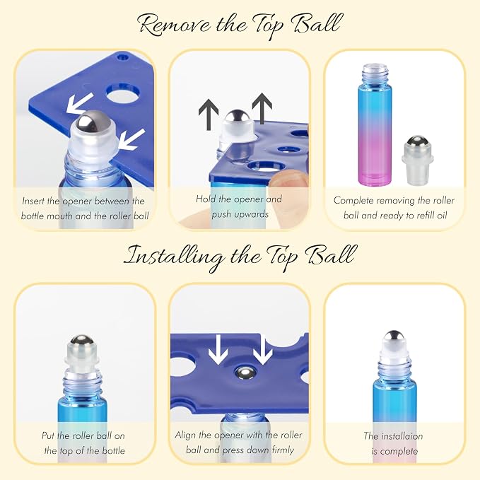 10ML Essential Oil Roller Bottles, 4 Pack Colorful Oil Roller Bottles for Essential Oils, Roll on Bottle with Stainless Steel Balls(4 Labels, Opener, Funnel, Dropper Included)