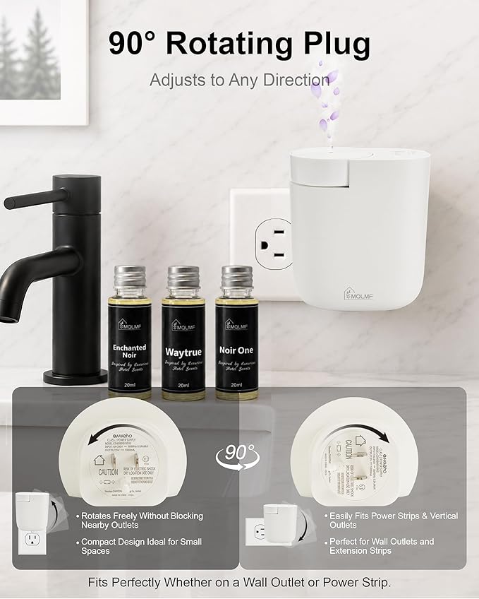 Waterless Plug in Diffuser, 800 Sq Ft, No Wobble Secure Wall Fit, Adjustable Timer & Scent Intensity,App Control,Essential Oil Plug in Wall Diffuser, Includes 3 x 20ml Fragrance Oils, White