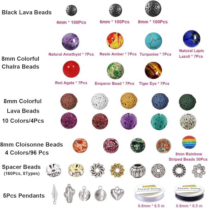 EuTengHao 702Pcs Lava Beads Stone Rock Beads Rainbow Striped Beads Kit with Chakra Beads Cloisonne Beads Spacer Beads Bracelet String Cord for Diffuser Essential Oils Adult Jewelry Making Supplies