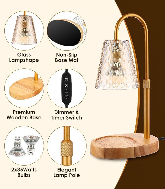 Vanranger Candle Warmer Lamp with Timer - Adjustable Height Dimmable Warmer Candle Lamps Candle Warmer Lamp Wax Melt Warmer with 2Bulbs for Women Christmas Birthday Gifts