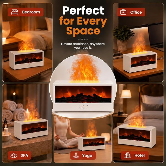 Aegci Fireplace Air Diffuser, Essential Oil Diffuser with 7-Color Flame Light, Ultrasonic Aroma Diffuser & Air Humidifier for Bedroom, Flame Diffuser with Remote Control Timer for Home Office Yoga