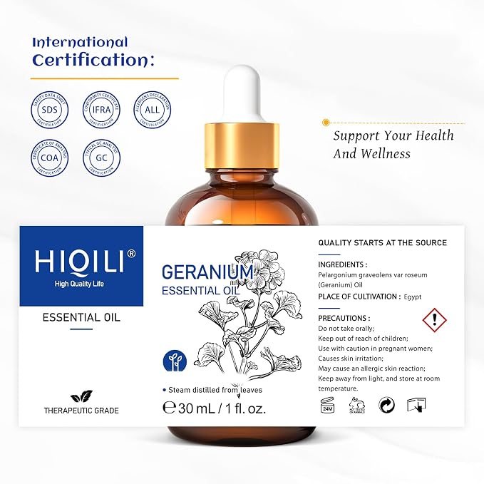 HIQILI 30ML Geranium Essential Oil， for Skin, Diffuser & Candle - 1.01 Fl.Oz