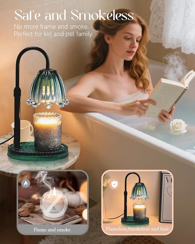 Flower Candle Warmer Lamp with Timer & Dimmer, Mothers Day Gifts for Mom Women, Adjustable Height Floral Candle Warmer for Jar Candles, Girly Wax Melter, New Home Office Decor (Green-Flower)