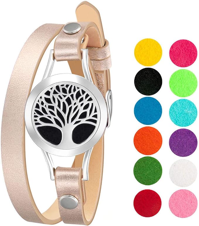 Wild Essentials Tree of Life Essential Oil Leather Wrap Bracelet Diffuser Kit, Gift Set, with 10ml Inner Calm Essential Oil Blend, 12 Pads, Customizable Color Changing Perfume Jewelry, Aromatherapy