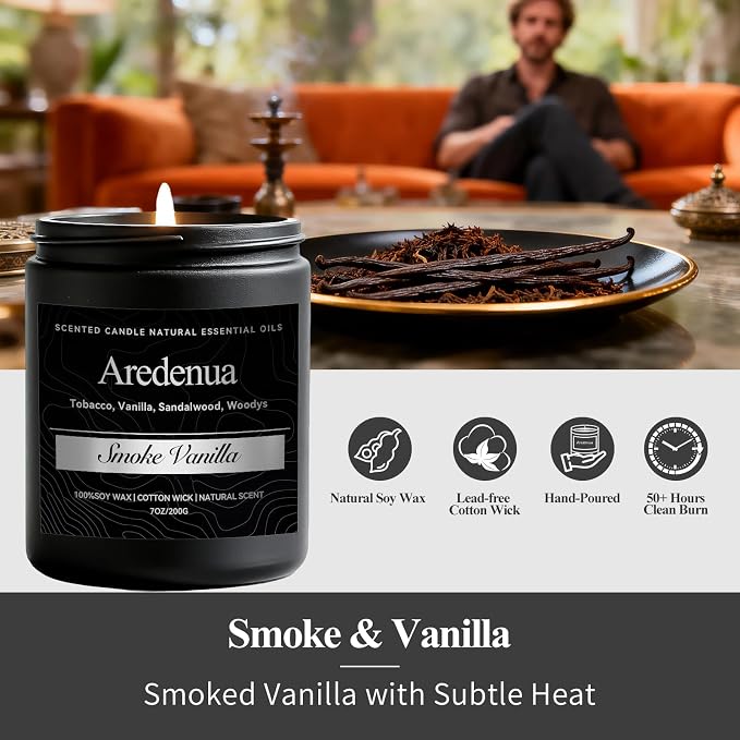Smoke & Vanilla Candle | Manly Candles for Home Scented, Masculine Soy Candles for Men - 7oz Long Lasting Scented Candle for Home, Aromatherapy Gift for Men & Women