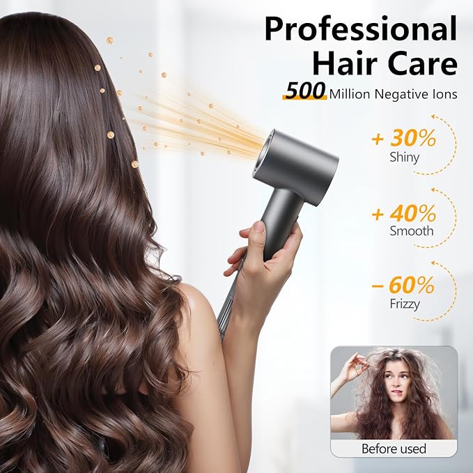 Hair Dryer - 1 Min Fast Drying, High-Speed Blow Dryer with 500 Million Negative Ions, No Heat Damage, Low Noise, Lightweight, Professional Hairdryer with Diffuser & Nozzle for Women, Gunmetal