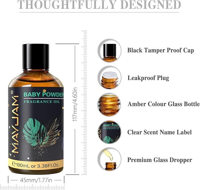 MAYJAM 100ML/3.38FL.OZ Baby Powder Fragrance Oils with Glass Dropper, Essential Oils for Diffusers, Long Lasting Scented Oils for Soap Candle Making