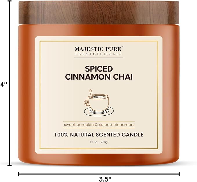 Majestic Pure Pumpkin Cinnamon Scented Candle with Upto 45+ Hrs Burn Time, 2-Wick Candle, Soy Wax Blend for Cleaner Consistent Burn, 10 oz Jar Candle with Room Filling Fragrance, Spiced Chai