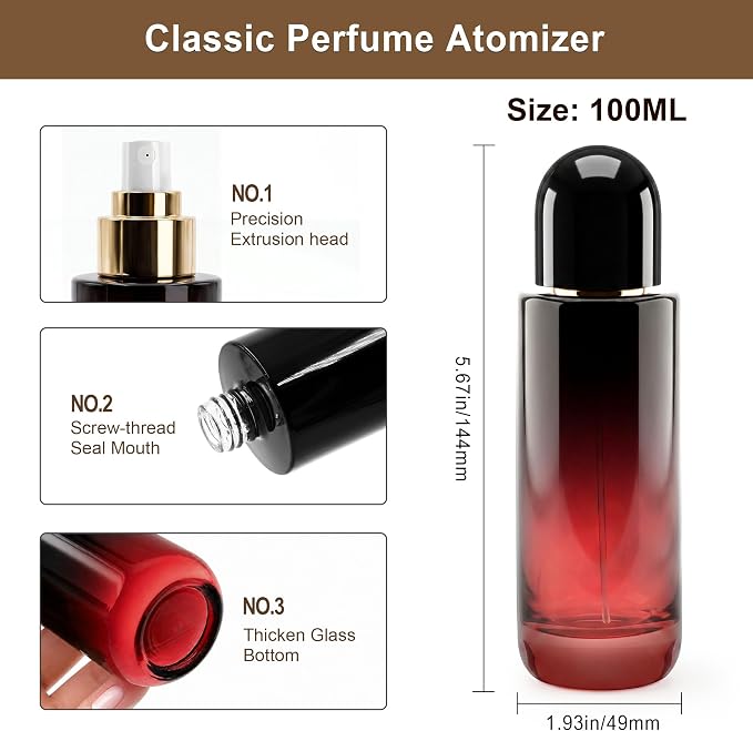 Glass Perfume Bottle Empty Refillable Cologne Sprayer with Upgraded Fine Mist Atomizer, Perfume Spray Container with 3 Easy-Fill Transfer Tools for Fragrance Essential Oils (3.4, ounces)