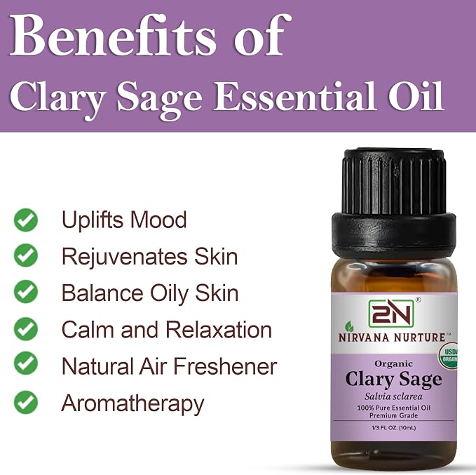 Clary Sage Essential Oil, USDA Certified Organic, 100% Pure Undiluted, Aromatherapy Oil for Diffuser, Hair & Skin Care