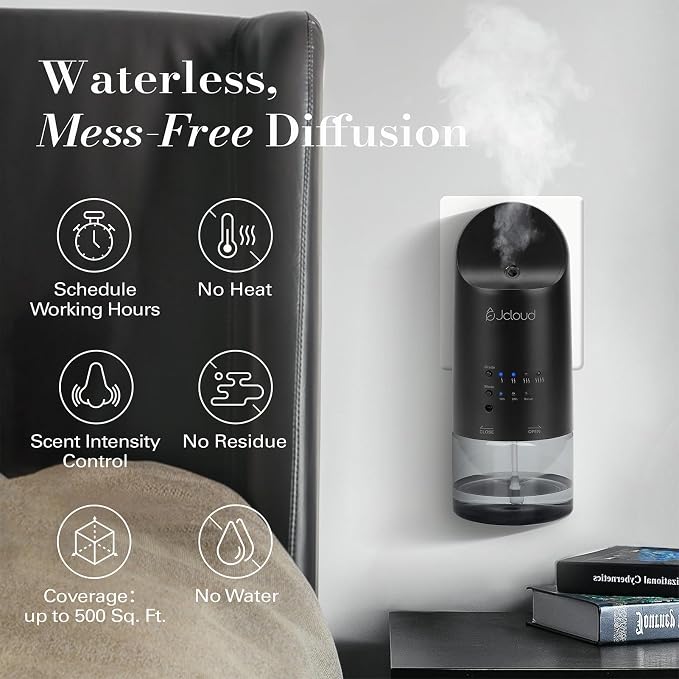 JCLOUD Plug in Diffuser Covers Up to 500 Sq. Ft. for Home, Office, Spa – Waterless Scent Diffuser Starter Kit with Royal Serenity Essential Oil Inspired by Luxury Hotel 140mL, Black