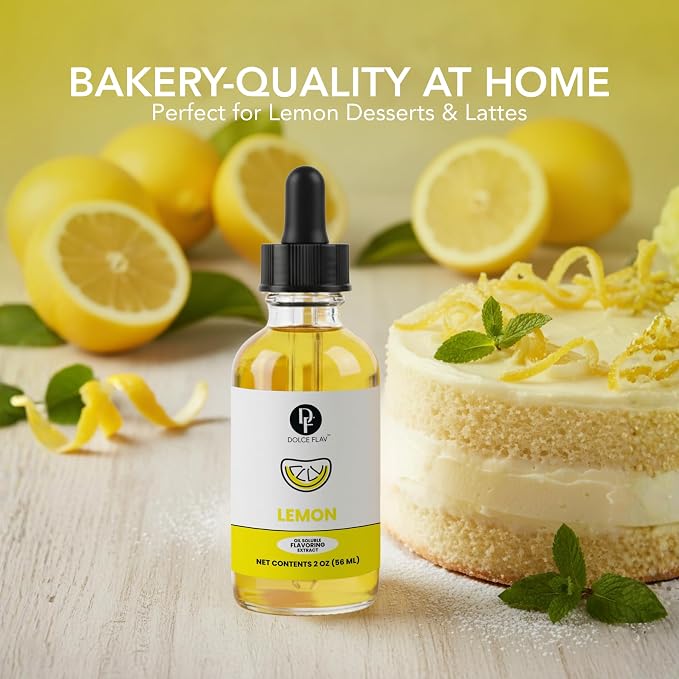 Lemon Flavor Concentrate for Food & Cosmetics – 2 Oz. Multipurpose Lemon Flavouring Oil for Lip Gloss, Pastries, & Candies in Glass Bottle – Confection & Candy Flavoring Oils by Dolce Foglia (Keto)