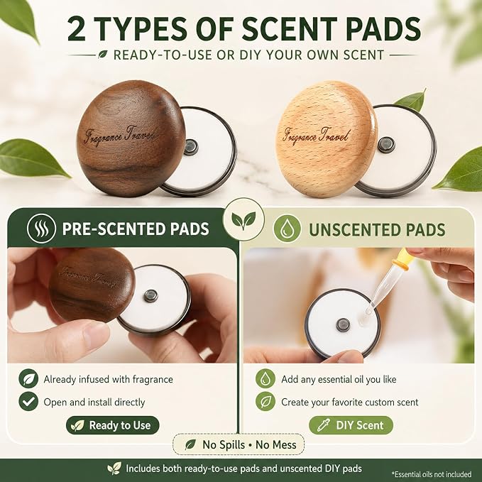 2 Pack Wooden Car Air Freshener Vent Diffuser, Walnut & Beech Wood with Zinc Alloy Base, Refillable Essential Oil Vent Clip, 4 Pads (2 Mixed Floral Scented + 2 Unscented), Natural Fragrance.