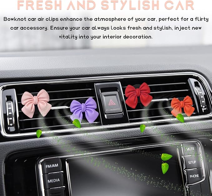 KVAEY 9 PCS Pink Bow Car Air Freshener, Automotive Cute Pink Bow Air Outlet Clips with Scent Pieces, Universal Coquette Car Air Vent Diffuser for Women and Girls (Multi-Color)