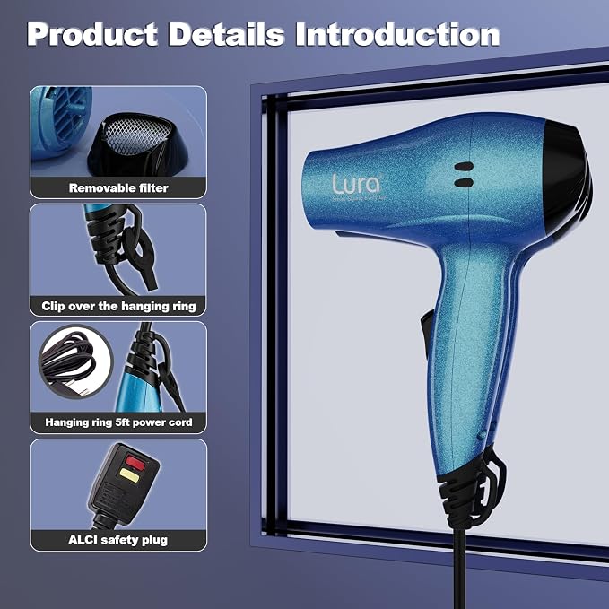 LURA Travel Hair Dryer with Diffuser,Small Dual Voltage Hair Dryers for Women,Mini Portable Blow Dryer for Men,Lightweight Compact Blow Dryer with European Plug(Blue)