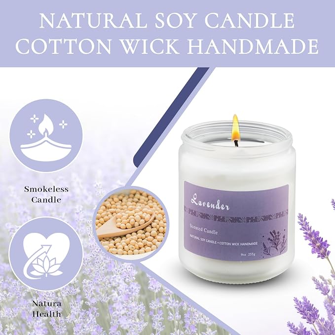 100% Natural Lavender Soy Wax Candle with Essential Oils, Relaxation & Sleep Aid, Eco-Friendly Cotton Wick, 50+ Hours Burn Time, Reusable Glass Jar (Lavender)