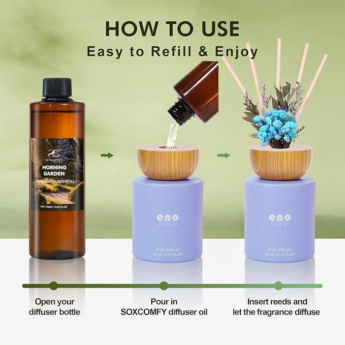 Diffuser Oil Refill, 250ml / 8.45 fl oz, Morning Garden - Reed Diffuser Oil Refill for Home Fragrance, Scented Oil for Reed Diffuser Bottles, Citrus, Jasmine & Fir Notes