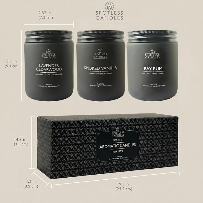 Mens Candle 3 x 8oz Pack Smoked Vanilla Bay Rum and Lavender Cedarwood Scents