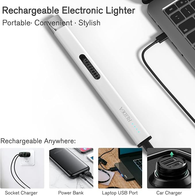 REIDEA Lighter Electronic, R1 Pro Windproof Flameless USB Rechargeable Arc Lighter with Safe Button and Power Indicator for Candle, BBQ, White
