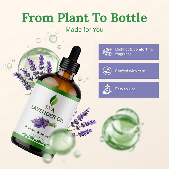SVA Lavender Essential Oil 4 Fl Oz – for Diffuser, Skin & Hair Care – Ideal for Massage & DIY Blends – with Dropper